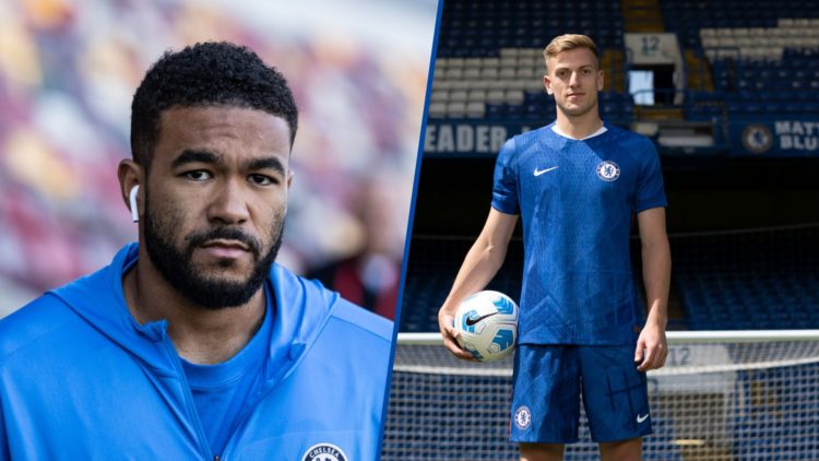 Split image - Chelsea's Reece James arriving at Brentford's stadium and Liam Delap poses with a football after being announced as a new Chelsea sig...