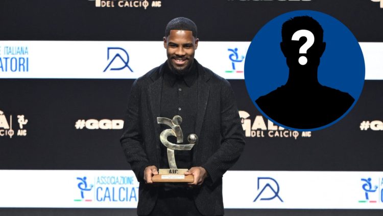 AC Milan star Mike Maignan poses on stage after receiving the 'Best goalkeeper' award in Italy, inset mystery player