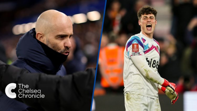 Split image - Enzo Maresca embraces Vitor Pereira ahead of Chelsea vs Wolves and Kepa after Bournemouth's penalty shoot-out win against Wolves