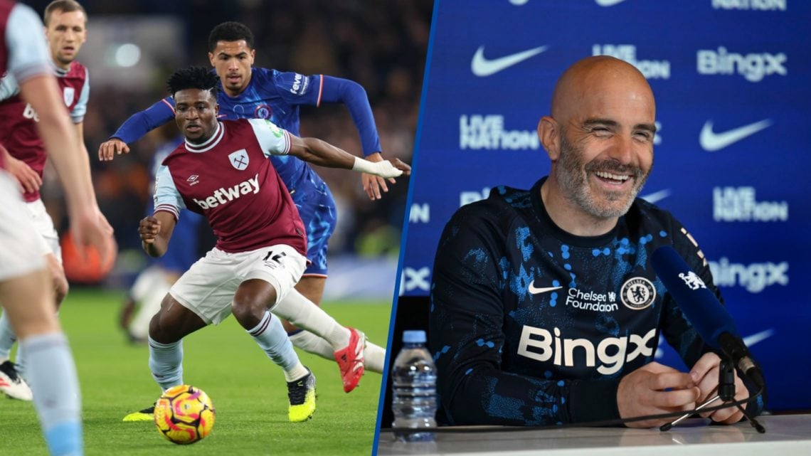 Split image - Mohammed Kudus during match between Chelsea FC and West Ham and Enzo Maresca during a press conference at Chelsea Training Ground
