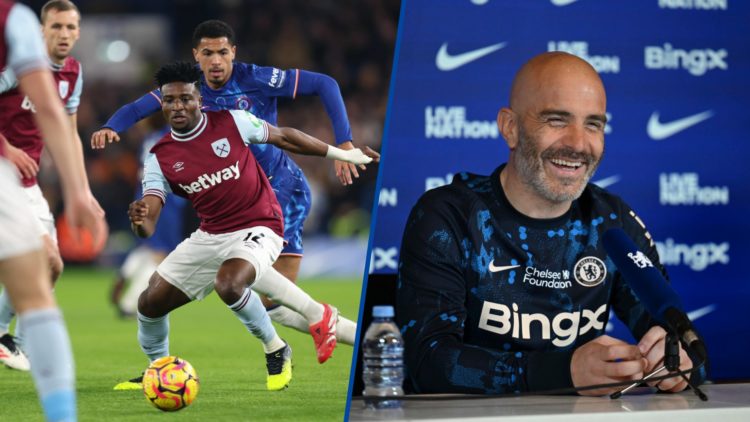 Split image - Mohammed Kudus during match between Chelsea FC and West Ham and Enzo Maresca during a press conference at Chelsea Training Ground