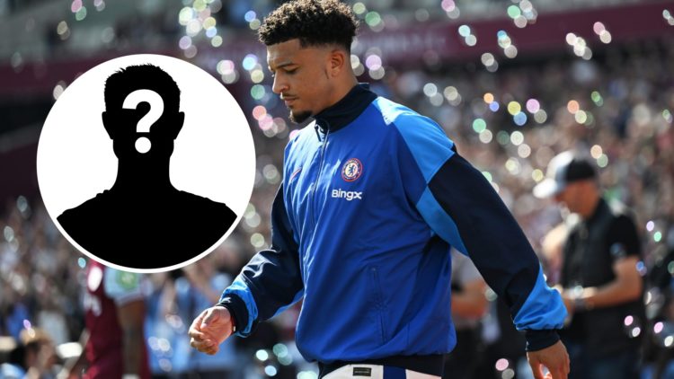 Chelsea winger Jadon Sancho walking out in match against West Ham, inset mystery player