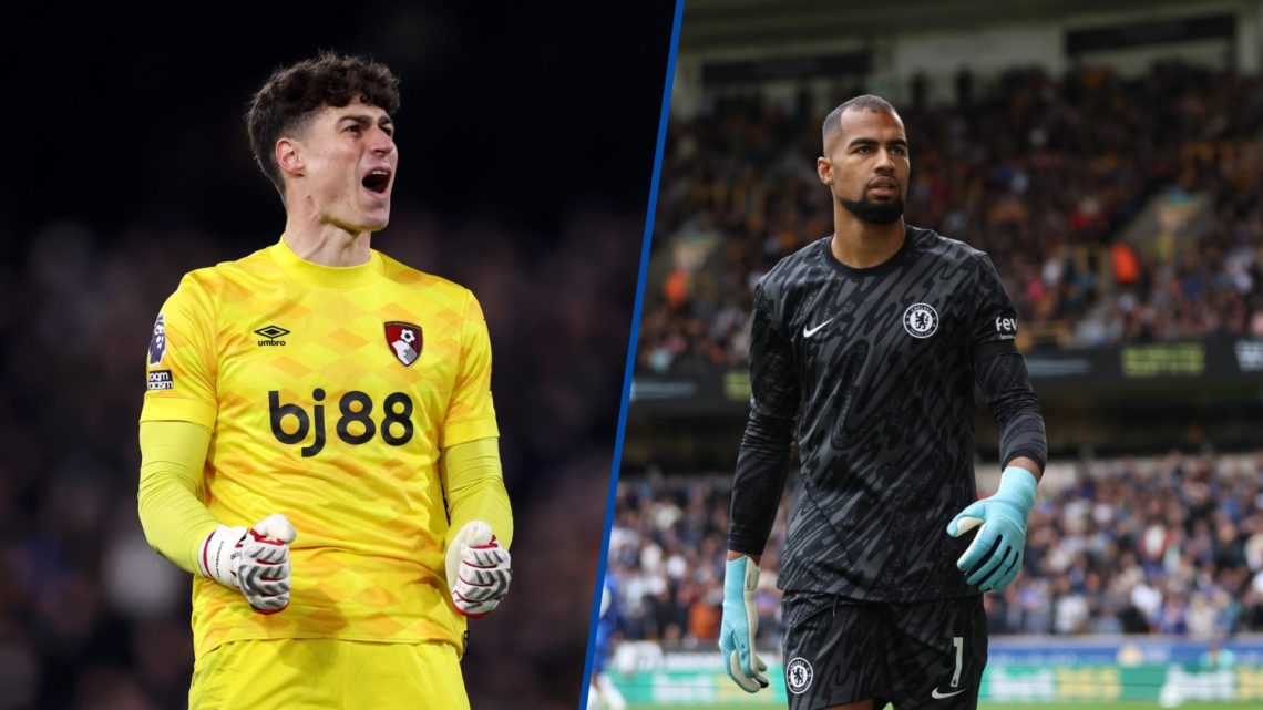 Split image - Kepa Arrizabalaga of AFC Bournemouth celebrates after team scores and Robert Sanchez of Chelsea during Premier League match