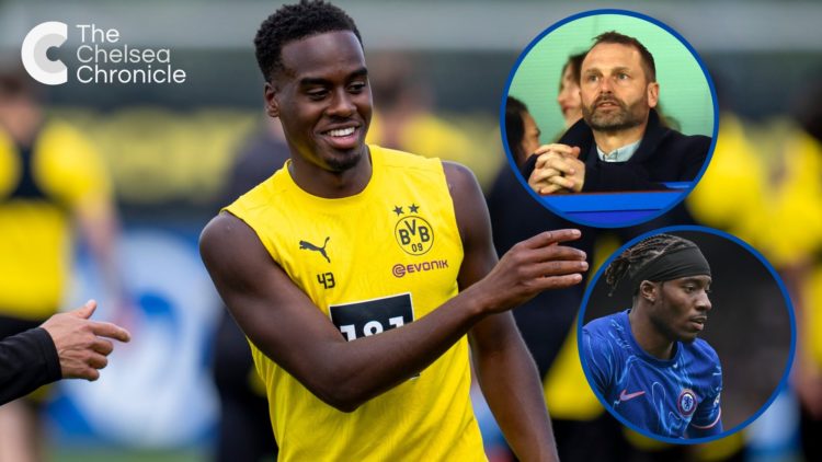 Jamie Gittens in action during a Dortmund training session, inset Chelsea director Paul WInstanley at game and Noni Madueke playing against Fulham