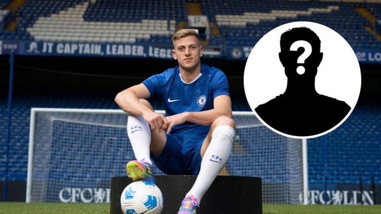 Liam Delap poses for a photo as Chelsea unveil him as new signing, inset mystery player