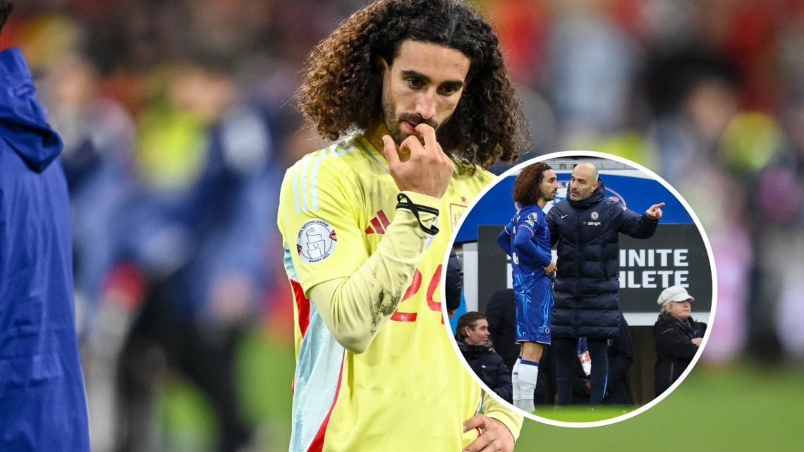 Marc Cucurella looks on after defeat in Portugal v Spain - UEFA Nations League 2025 Final. Enzo Maresca gives Marc Cucurella instructions during Ch...