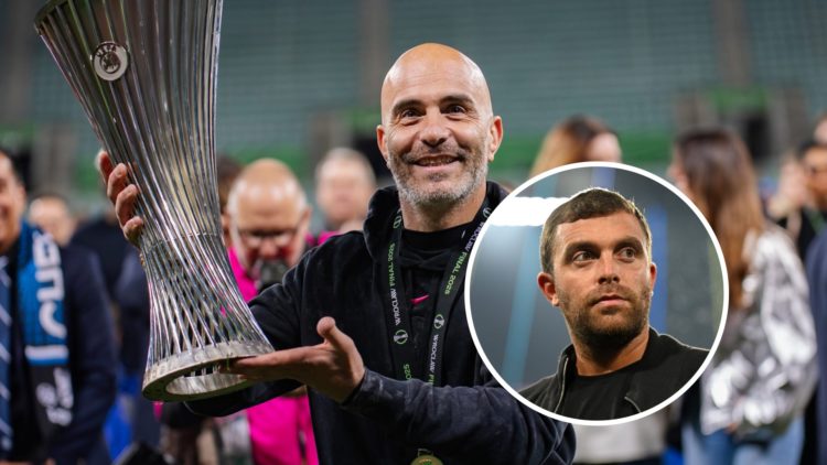 Enzo Maresca coach of Chelsea celebrates a win with trophy after Chelsea's Conference League final vs Real Betis. Fabrizio Romano looks on during P...