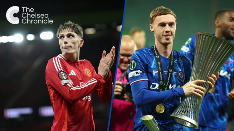 Split image - Alejandro Garnacho applauds Manchester United fans and Cole Palmer holding Conference League trophy