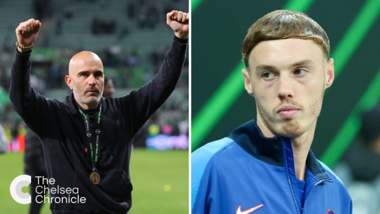 Enzo Maresca celebrates after Real Betis Balompie v Chelsea FC - UEFA Conference League Final 2025. Cole Palmer looks on ahead of Real Betis Balomp...