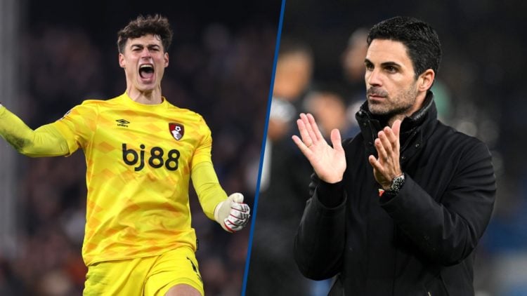 Split image - Kepa reacts during match between Fulham and Bournemouth and Arsenal manager Mikel Arteta applauds fans