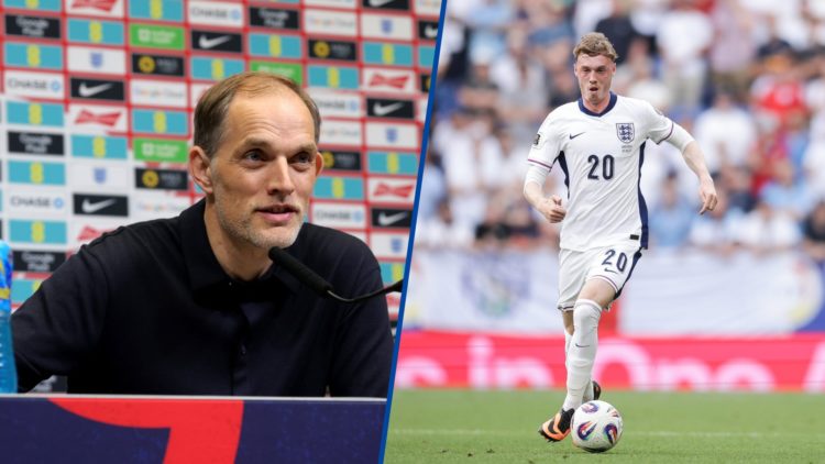 Split image - Thomas Tuchel speaking to the media and Cole Palmer running with the ball during match between Andorra and England