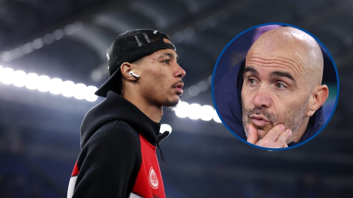 Eintracht Frankfurt striker Hugo Ekitike looking at the pitch, inset Chelsea manager Enzo Maresca stroking his chin