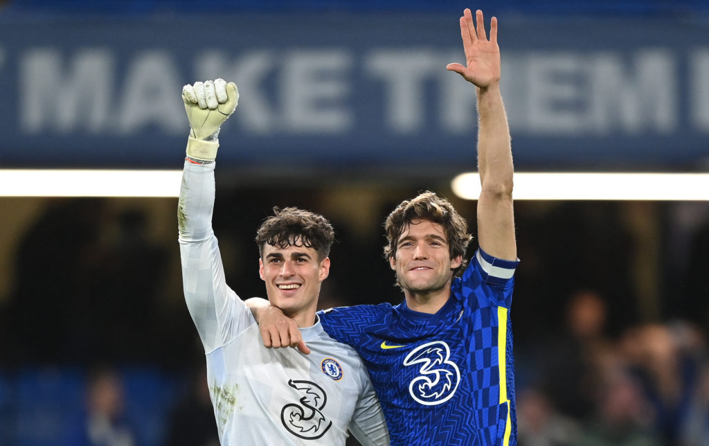 Marcos Alonso and Kepa Arrizabalaga celebrate victory after Chelsea v Southampton - Carabao Cup Round of 16