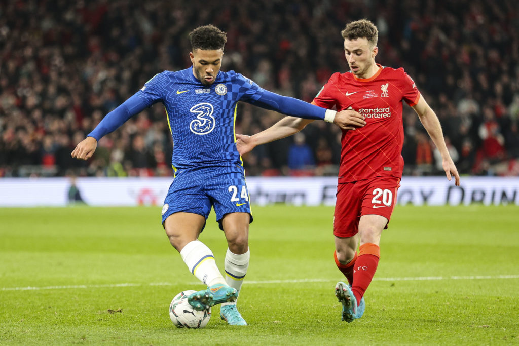 Reece James and Diogo Jota battle for the ball during Chelsea v Liverpool - Carabao Cup Final
