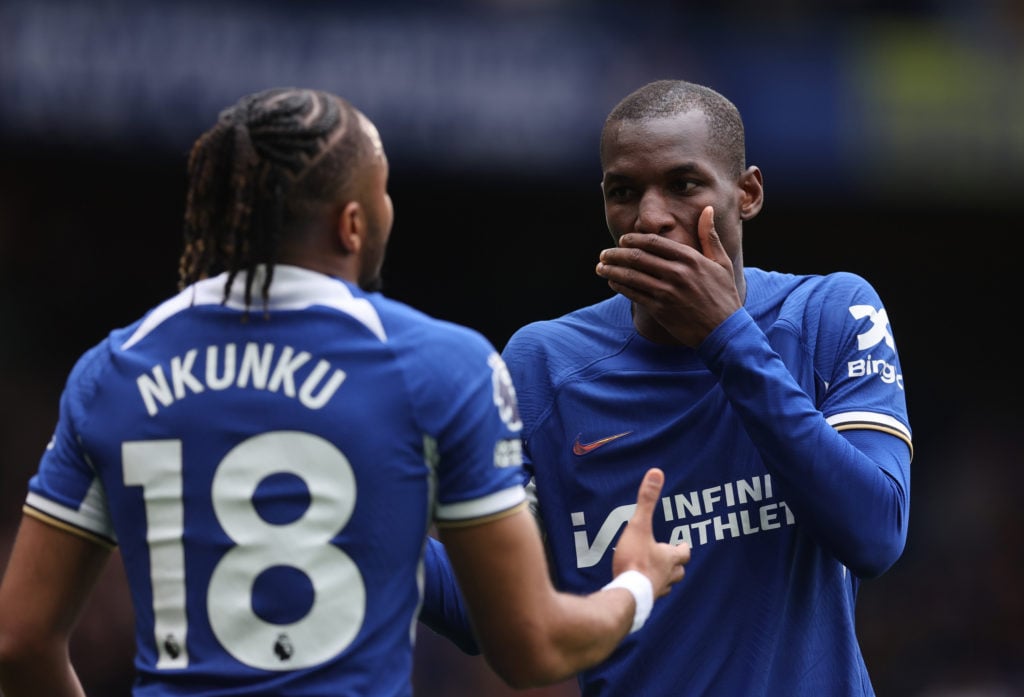 Nicolas Jackson and Christopher Nkunku communicate during Chelsea FC v West Ham United - Premier League