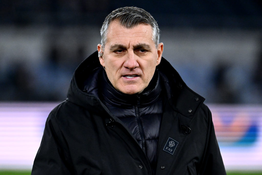 Italian legend Christian Vieri working as a commentator during a Serie A match between Lazio and Inter Milan.