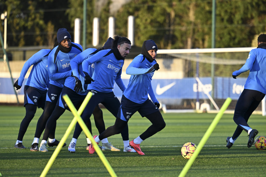 Axel Disasi, Malo Gusto and Christopher Nkunku in a Chelsea training session.