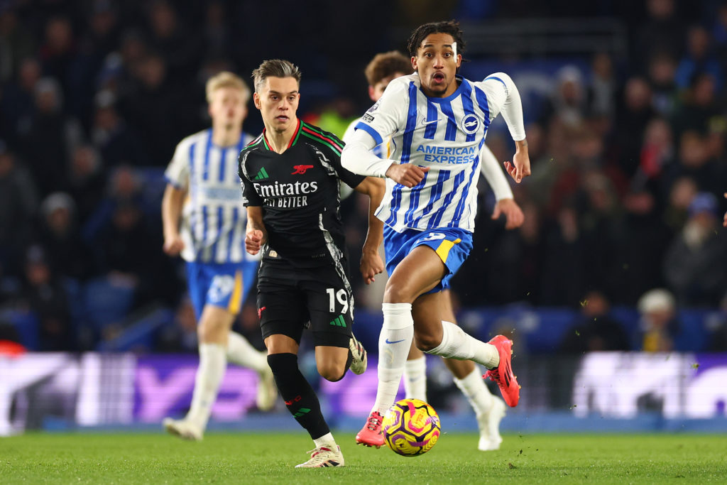 Joao Pedro of Brighton & Hove Albion takes on Leandro Trossard