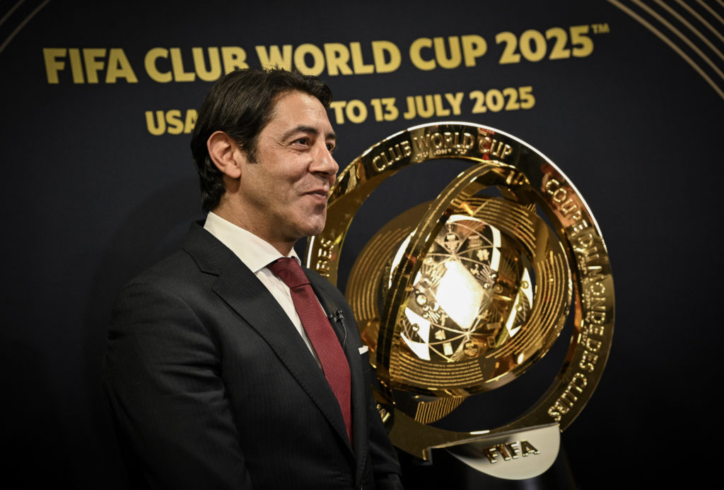 Rui Costa, president of SL Benfica, poses with Club World Cup trophy