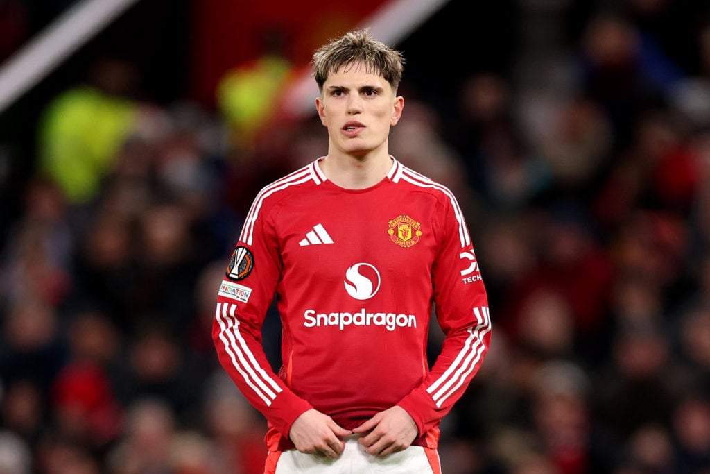 Alejandro Garnacho of Manchester United looks on during the UEFA Europa League 2024/25 League Phase MD7 match between Manchester United and Rangers FC at Old Trafford on January 23, 2025 in Manchester, England.