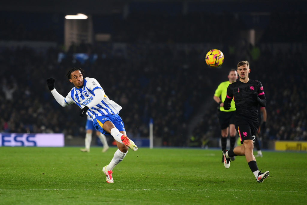 Joao Pedro for Brighton shoots wide against Chelsea in the Premier League.