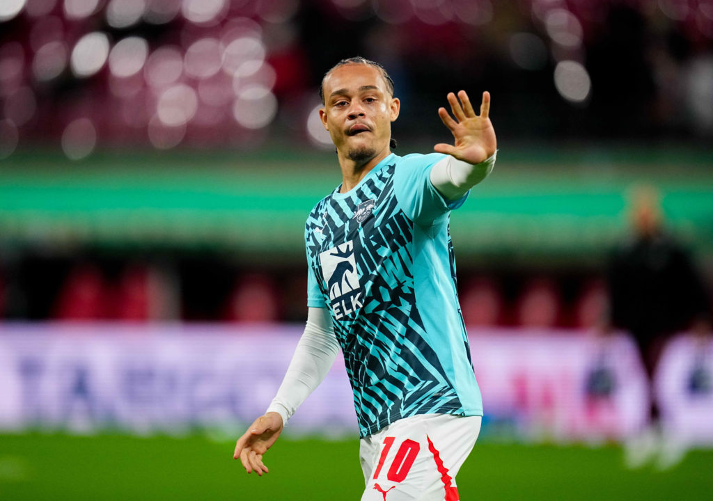 RB Leipzig star Xavi Simons looks on during the DFB Cup quarter-final against Wolfsburg.