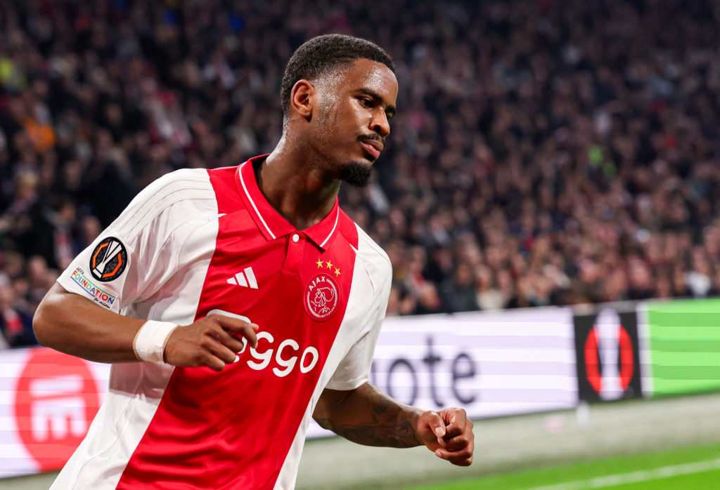 Ajax defender Jorrel Hato playing against Eintracht Frankfurt in the Europa League.