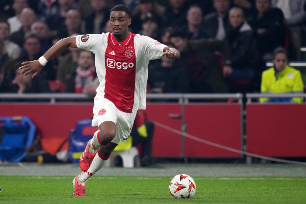 Jorrel Hato playing for Ajax against Eintracht Frankfurt in the UEFA Europa League.
