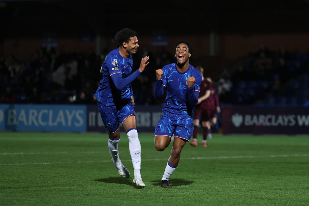 Ryan Kavuma-McQueen celebrates scoring in Chelsea FC U21 v Ipswich Town U21: English Premier League Cup