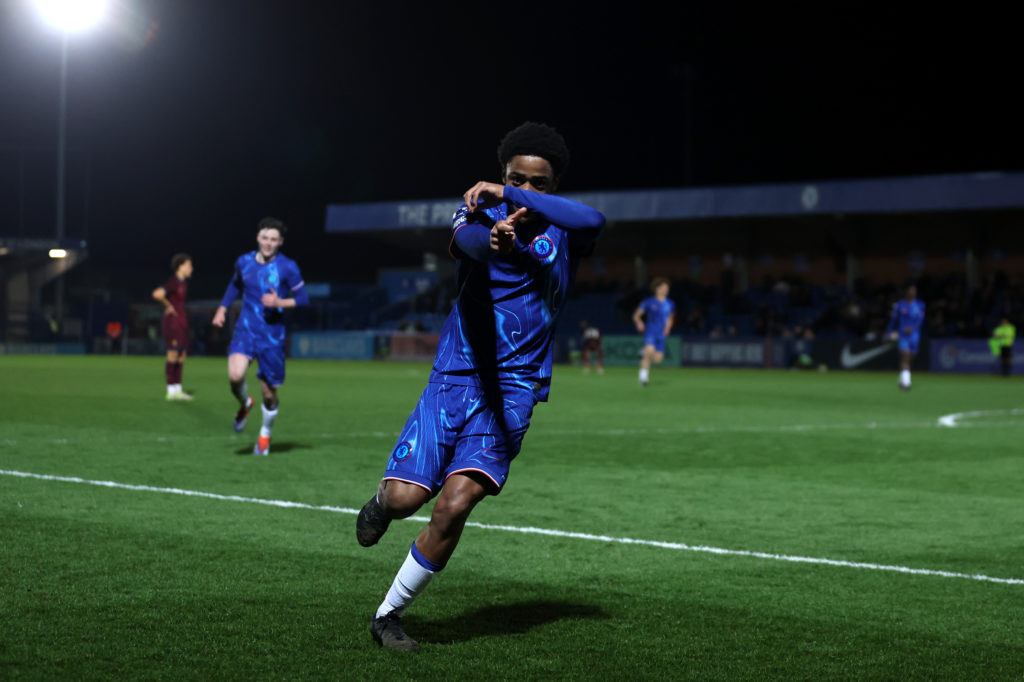 Ryan Kavuma-McQueen celebrates scoring during Chelsea FC U21 v Ipswich Town U21: English Premier League Cup