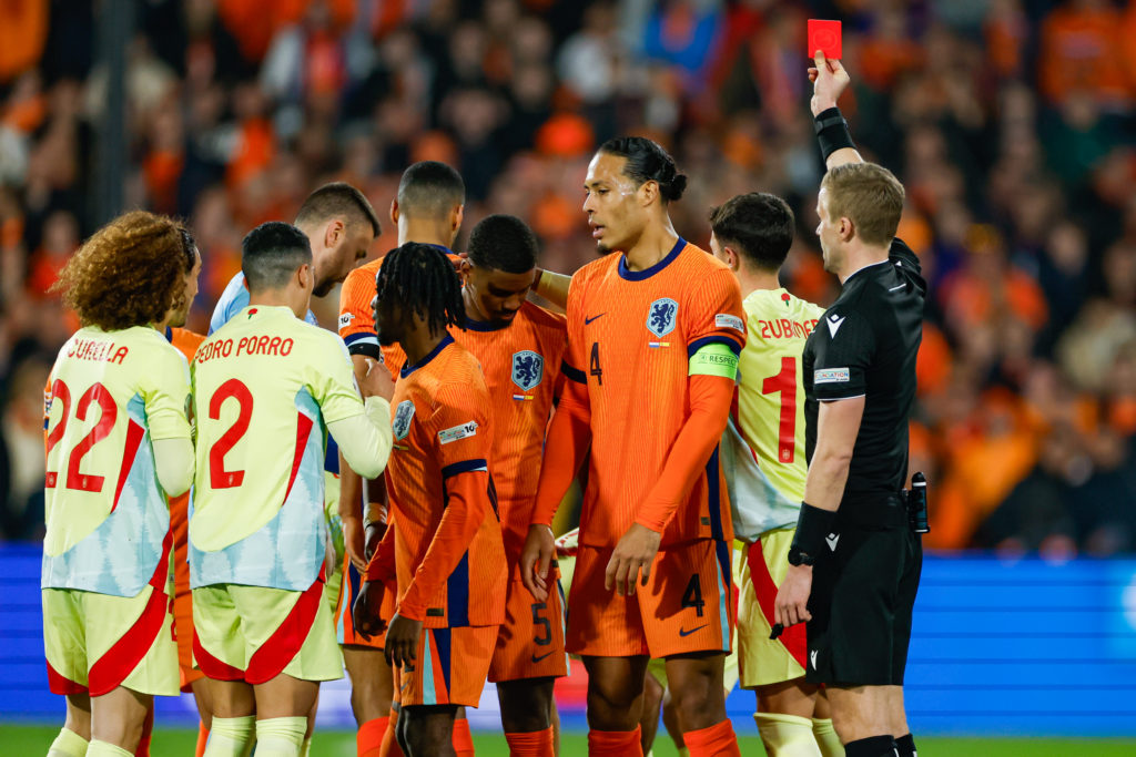 Jorrel Hato being shown a red card during the Nations League match between the Netherlands and Spain.