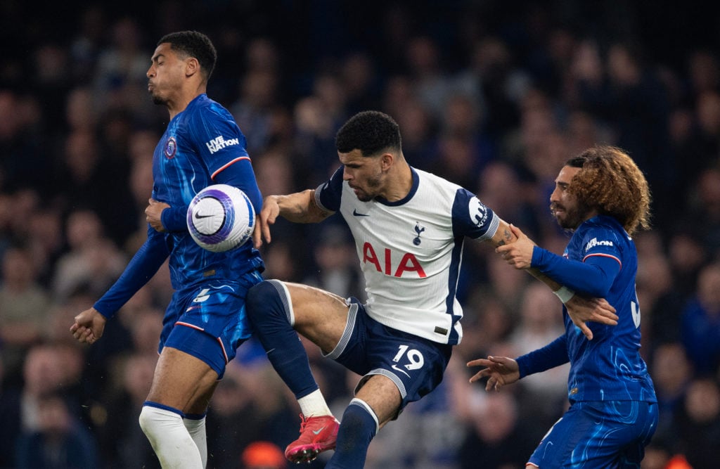 Levi Colwill and Marc Cucurella defending against Dominic Solanke in Chelsea versus Tottenham in the Premier League.