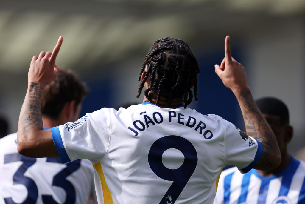 Joao Pedro playing for Brighton against Leicester City in the Premier League.