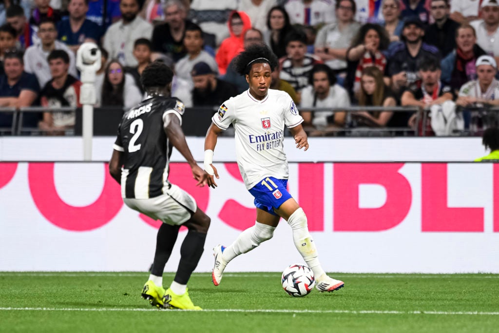 Malick Fofana of Lyon (R) plays against Carlens Arcus of Angers (L) during the France Ligue 1 match between Olympique Lyonnais and Angers SCO
