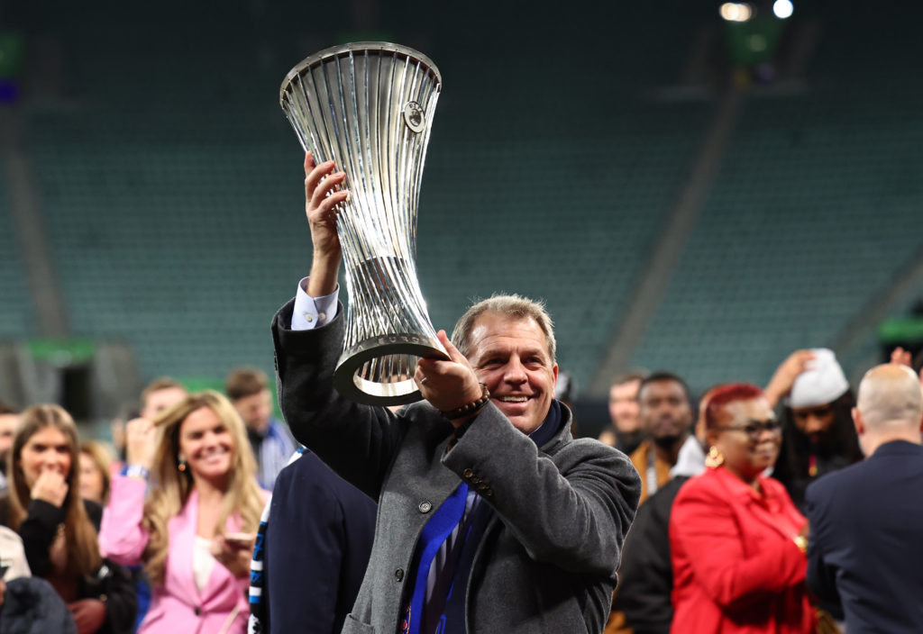 Todd Boehly celebrates after Real Betis Balompie v Chelsea FC - UEFA Conference League Final 2025