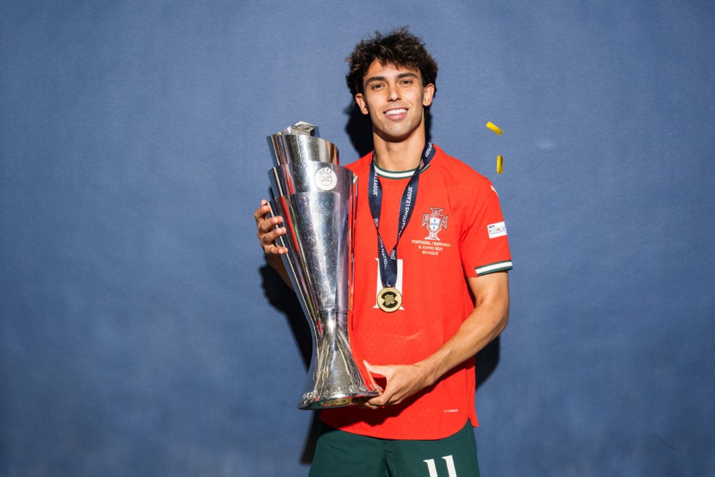 Joao Felix poses with the trophy after UEFA Nations League 2025 Final