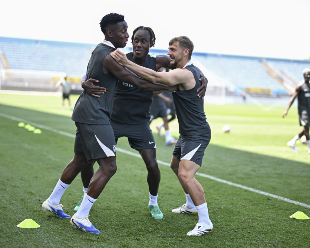 Chelsea players Dario Essugo, Trevoh Chalobah and Kiernan Dewsbury-Hall in training at the Club World Cup.