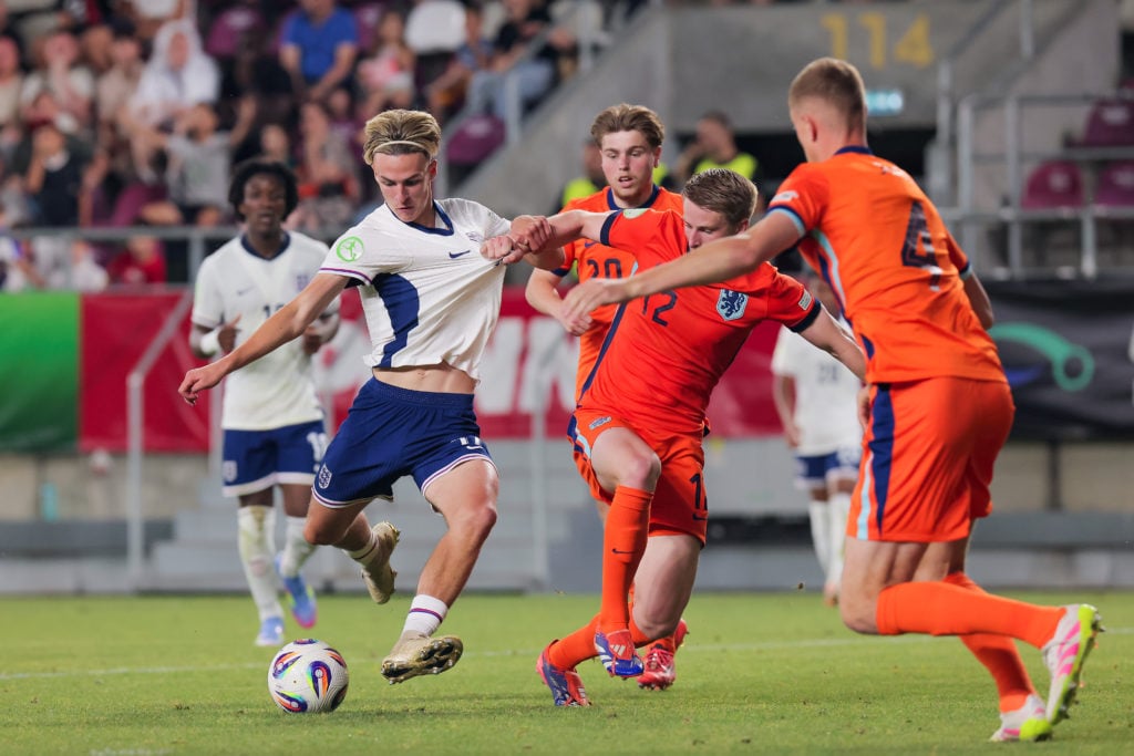 Jesse Derry in action during England v Netherlands: UEFA Men's European Under-19 Championship