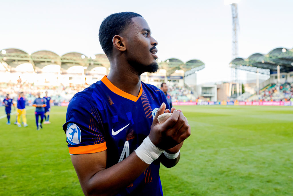 Jorrel Hato celebrates victory after Portugal U21 v Holland U21 -EURO U21