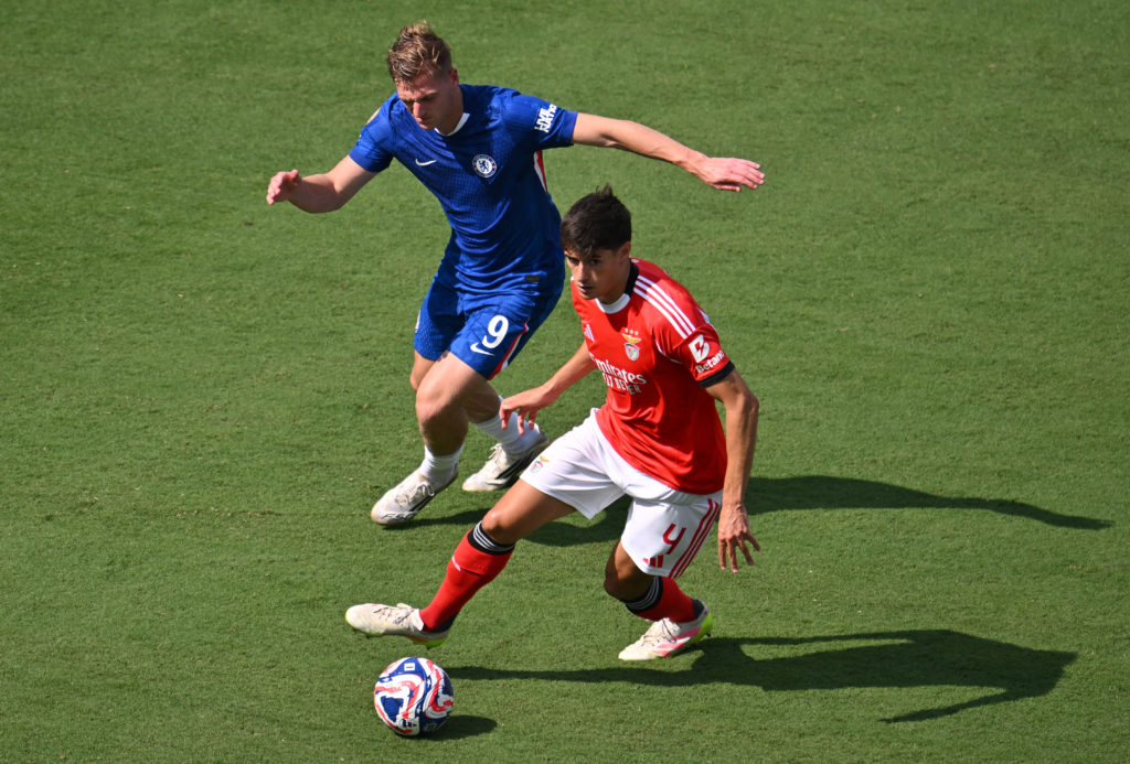 Antonio Silva and Liam Delap battle for the ball during the Club World Cup fixture between Chelsea and Benfica.