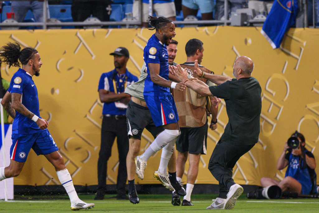 Christopher Nkunku celebrates with Enzo Maresca after scoring in Benfica SL v Chelsea FC: Round Of 16 - FIFA Club World Cup 2025