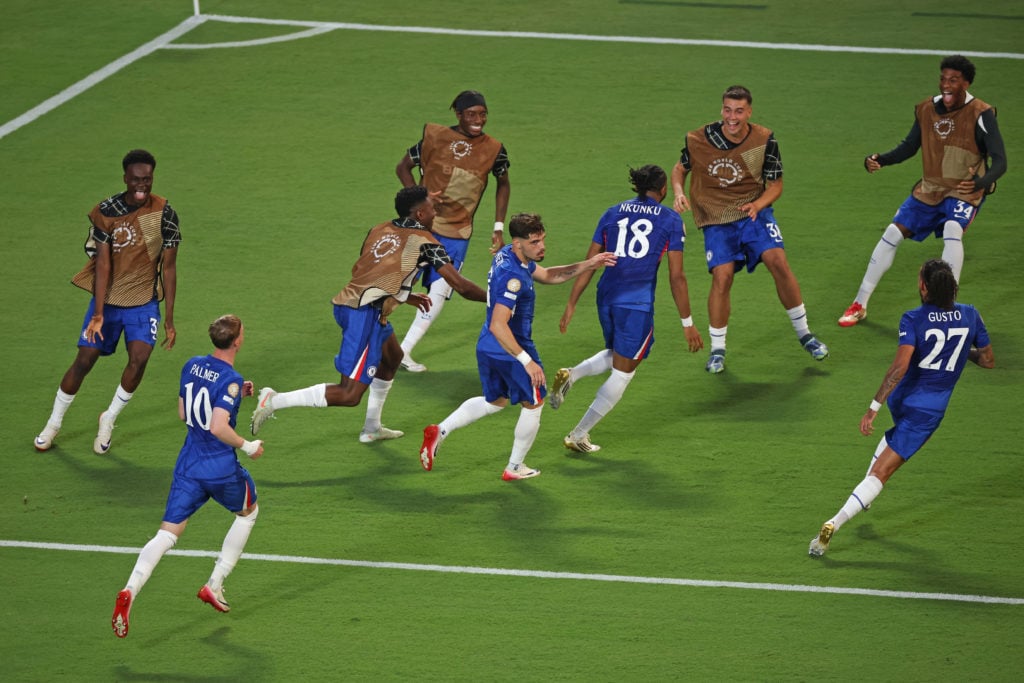 Chelsea players celebrating after Christopher Nkunku's goal against Benfica