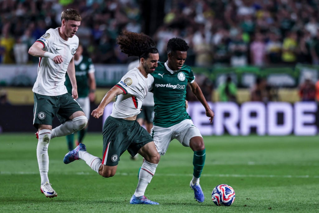 Estevao Willian, Marc Cucurella and Cole Palmer during Chelsea against Palmeiras at the Club World Cup.