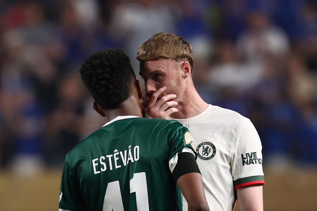 Cole Palmer chats with Estevao Willian after Chelsea beat Palmeiras in the Club World Cup quarter-finals.