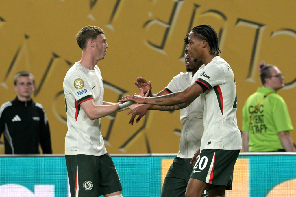 Cole Palmer, Joao Pedro and Andrey Santos celebrate during Chelsea's Club World Cup fixture vs Palmeiras
