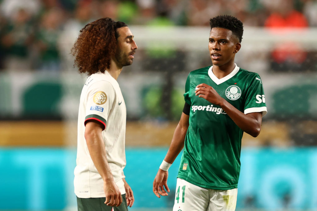 Marc Cucurella and Estevao Willian engage in conversation during SE Palmeiras v Chelsea FC: Quarter Final - FIFA Club World Cup 2025