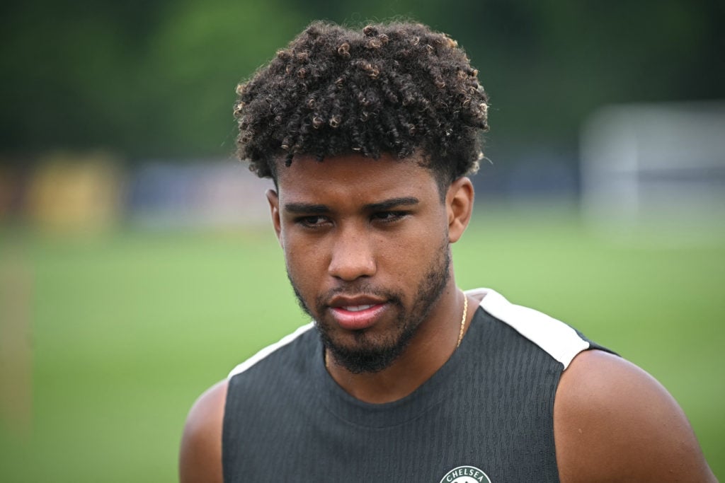 Andrey Santos speaks to the media during a Chelsea training session