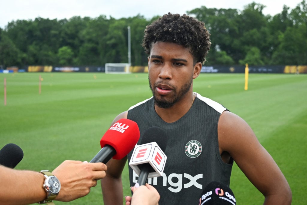 Andrey Santos speaks to the media during a Chelsea training session at the Club World Cup