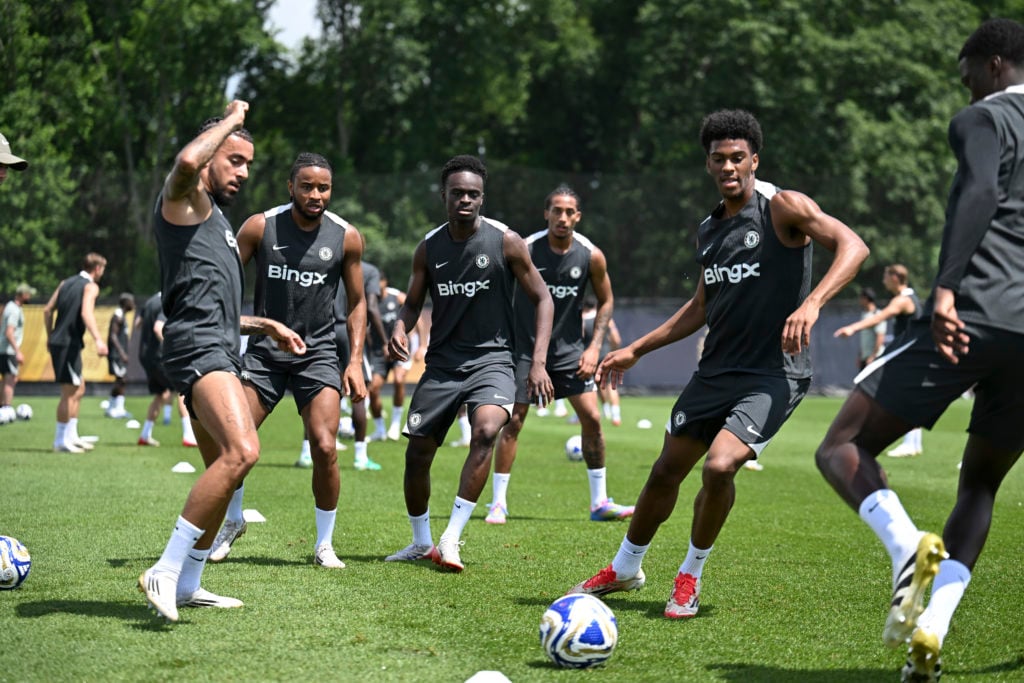 Josh Acheampong pictured alongside several Chelsea teammates in a training session at the Club World Cup.