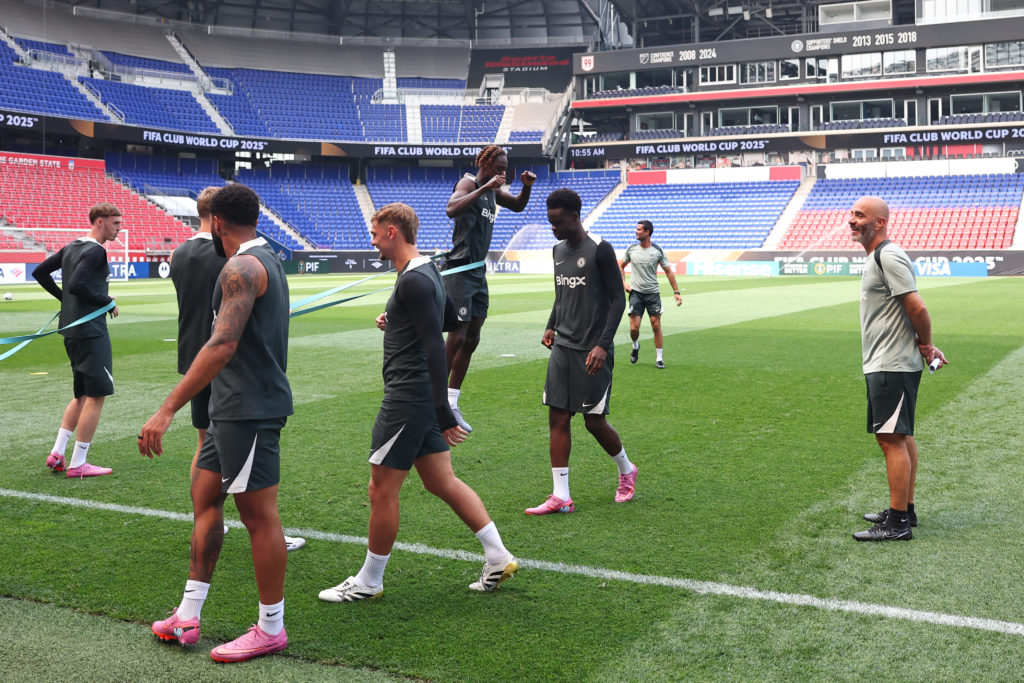 Enzo Maresca watches his Chelsea players in training ahead of the Club World Cup final against Paris Saint-Germain.
